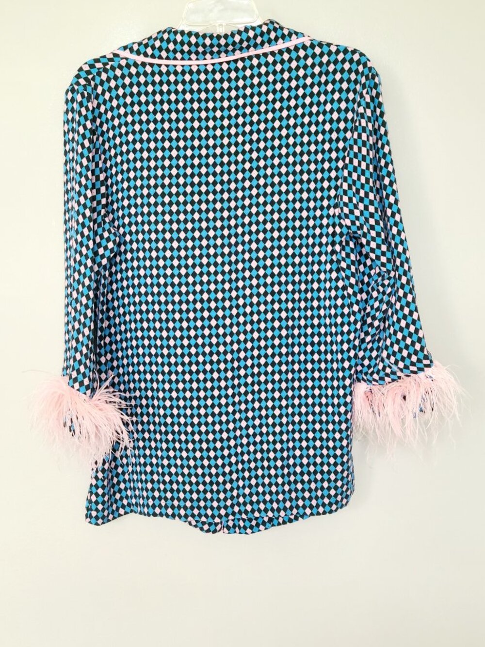 Sleeper Party Feather-Trim Pink Blue Argyle Pajama Shirt Medium Luxe Top Only - Picture 6 of 8